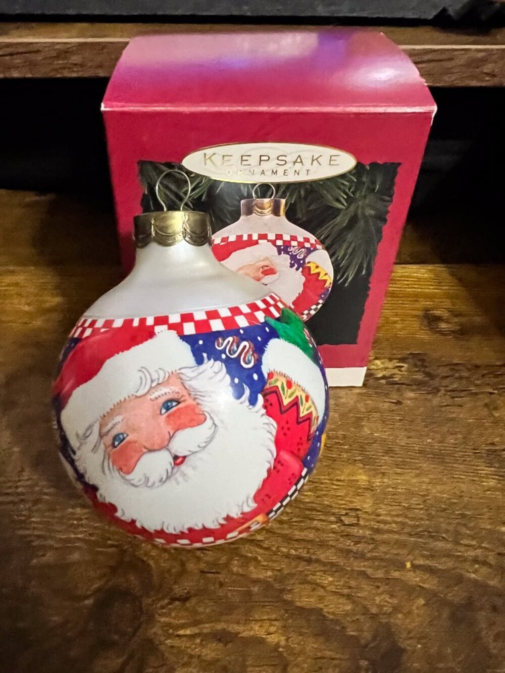 1995 Hallmark Keepsake Mary Engelbreit Glass Ball Santa Face Ornament